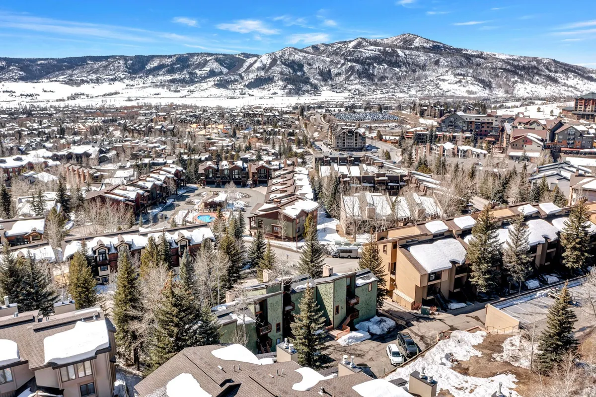 A sweeping view showcases snow-capped mountains in the background, a thoughtfully arranged residential neighborhood in the foreground, a swimming pool, and clusters of trees dotting the landscape—capturing both the natural beauty and the communal amenities of the area.